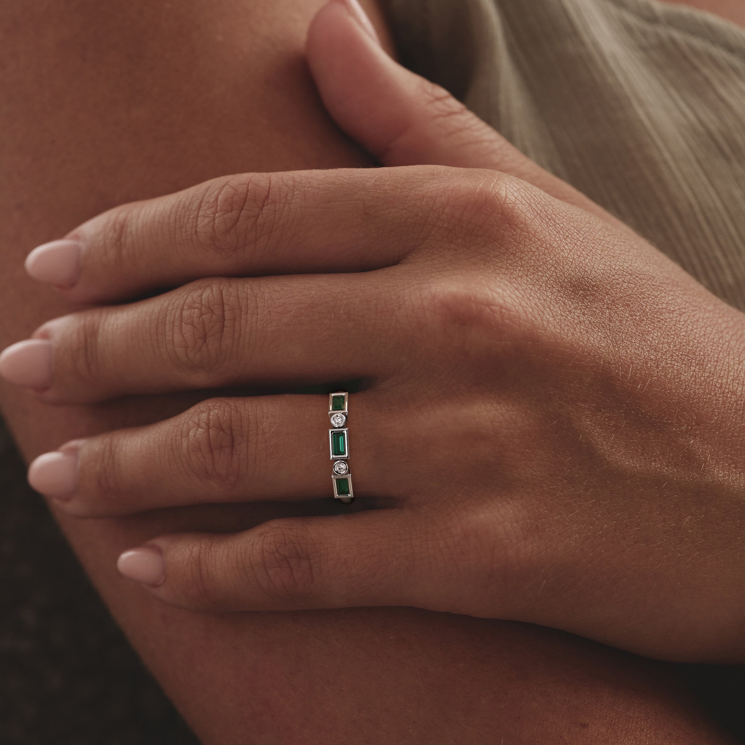 Forme 0.37ct Baguette Cut Lab Emerald 5 Stone Ring in Sterling Silver